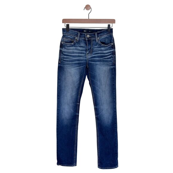 BKE Alec Straight Leg Jeans Womens 27x32 Blue Embroidered Distressed Mid Stretch - Picture 1 of 8